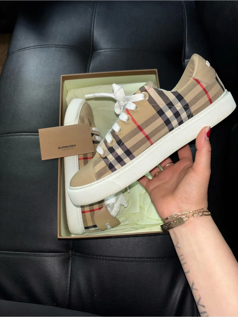 Burberry Beige Leather Sneakers with Signature Check Panels - Picture 2 of 7